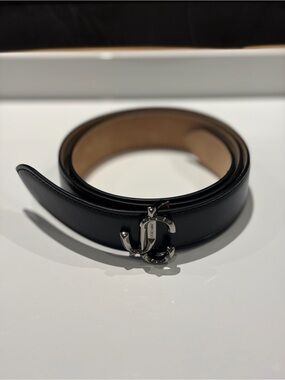 Jimmy Choo Black Leather Belt with Silver JC Logo Buckle - 80cm